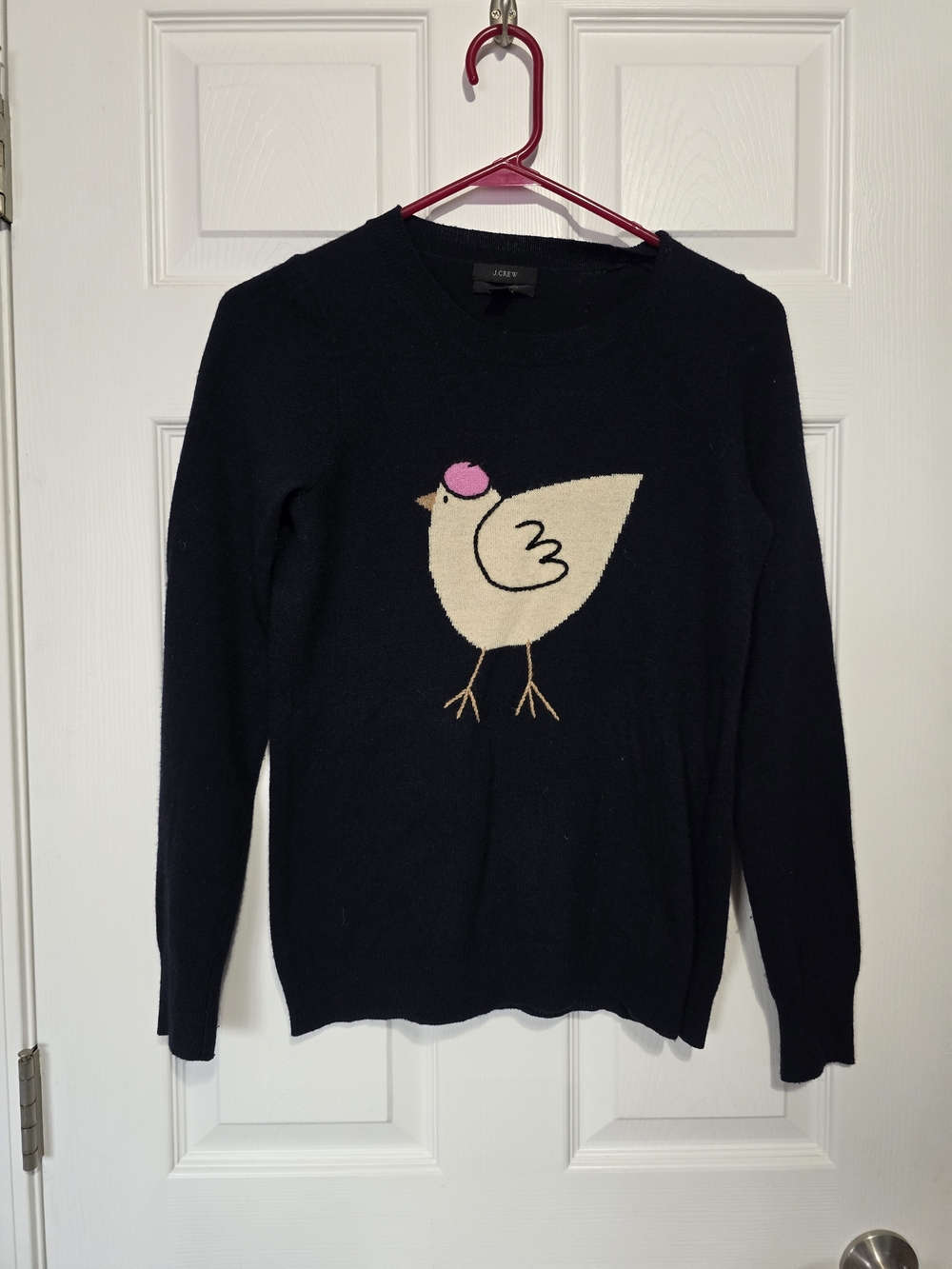J. Crew Navy Crewneck Sweater with Cream Bird and Pink Accent